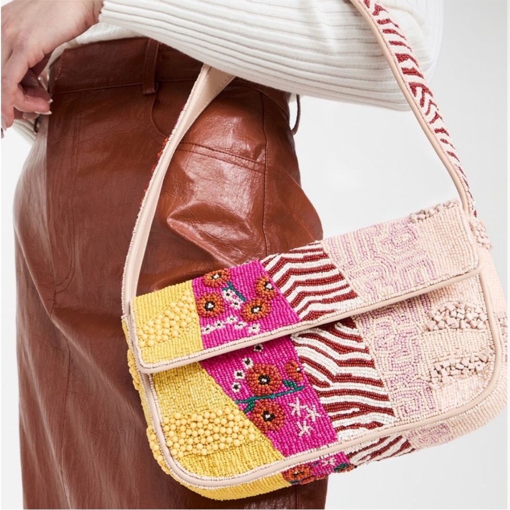 STAUD Beaded Patchwork Shoulder Bag in Pink and Yellow